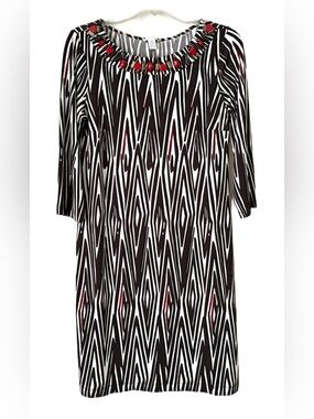 Chico’s Sheath Dress, Sz. 0/S, Brown/Blk/Cream Artsy Print, Beaded Neckline